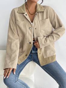 SHEIN Essnce Drop Shoulder Pocket Patched Suedette Coat - Coffee Brown - View 5