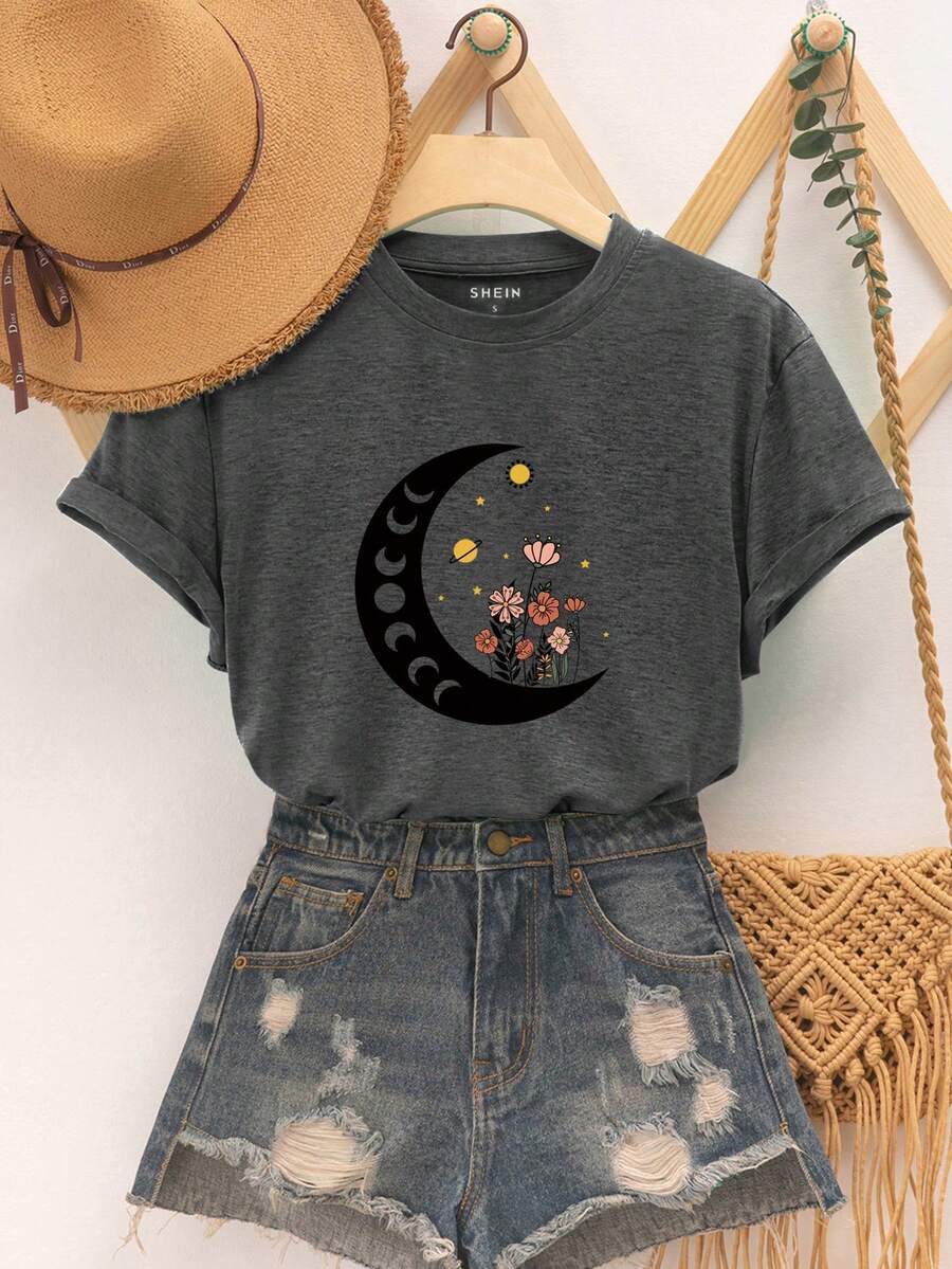 SHEIN Essnce Moon & Floral Print Tee - Dark Grey - View 1