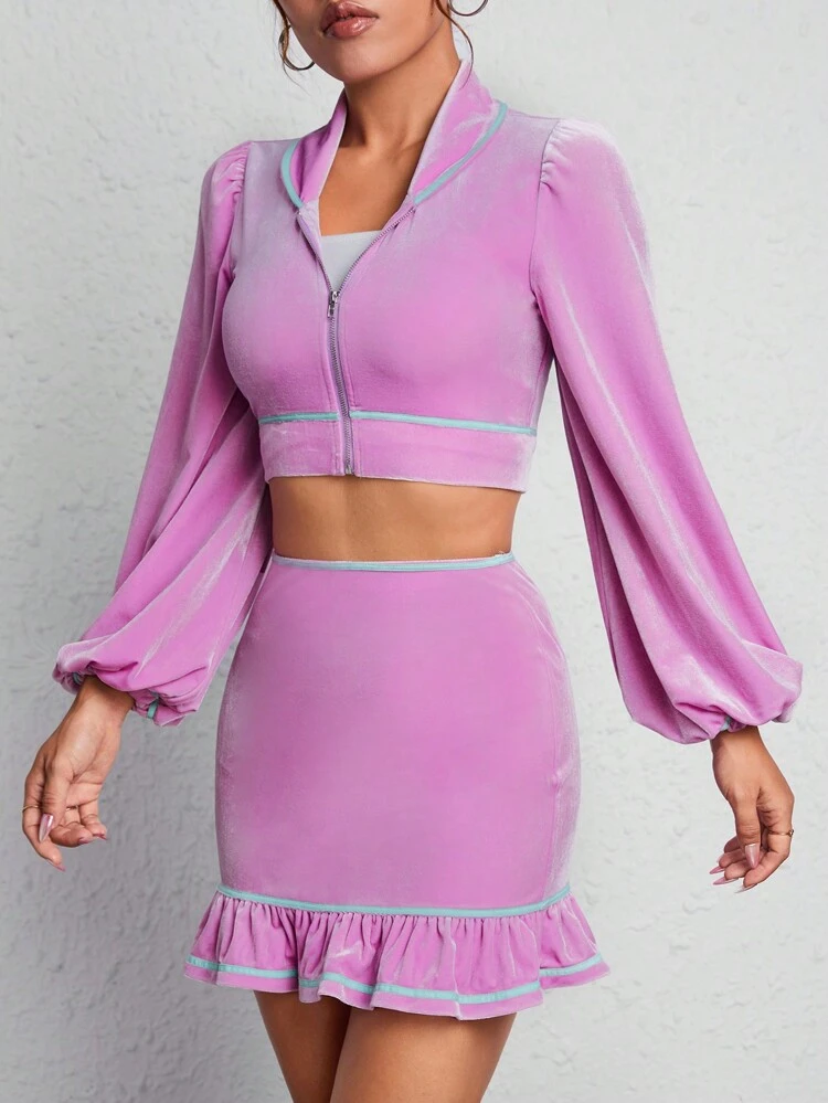 Lantern Sleeve Crop Jacket & Ruffle Hem Skirt
