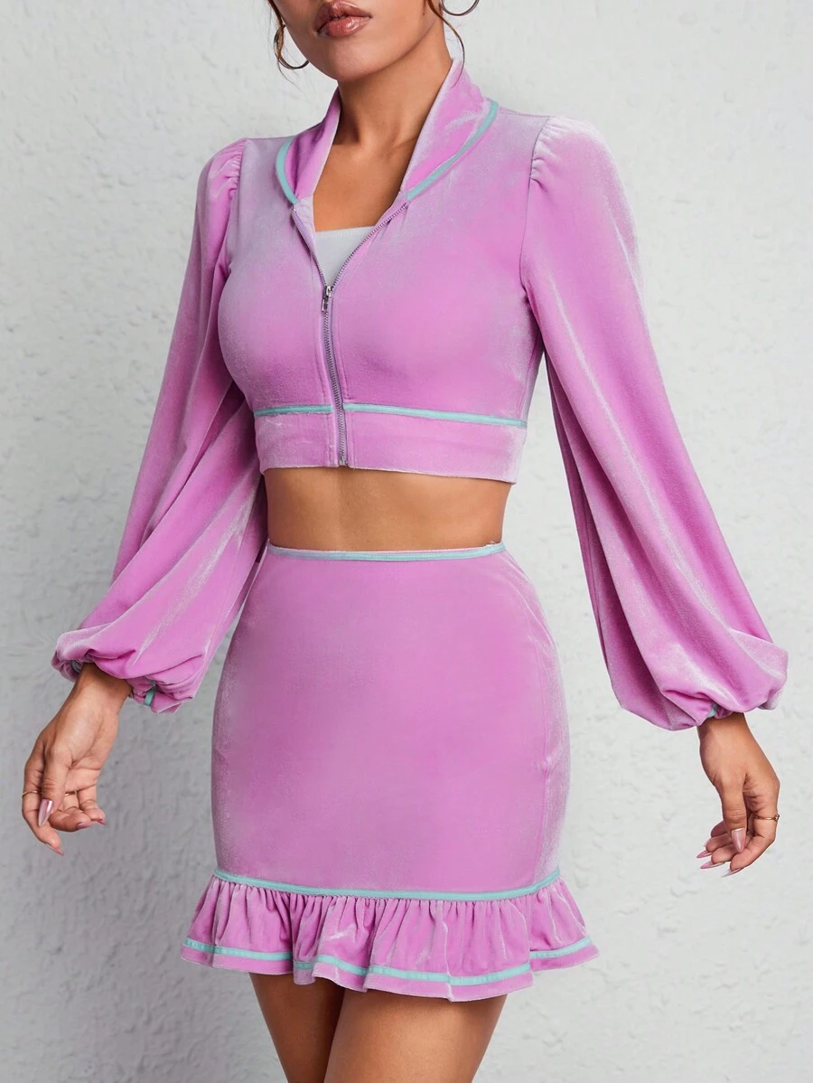 SHEIN PETITE Tay áo lồng đèn Áo Jacket Crop & Xù Hoa Sen Váy - Hồng - Xem 1
