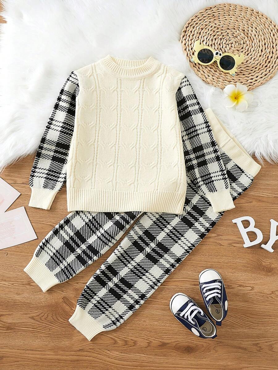 小男孩格子圖案毛衣和針織褲 - 杏色 - 查看 1