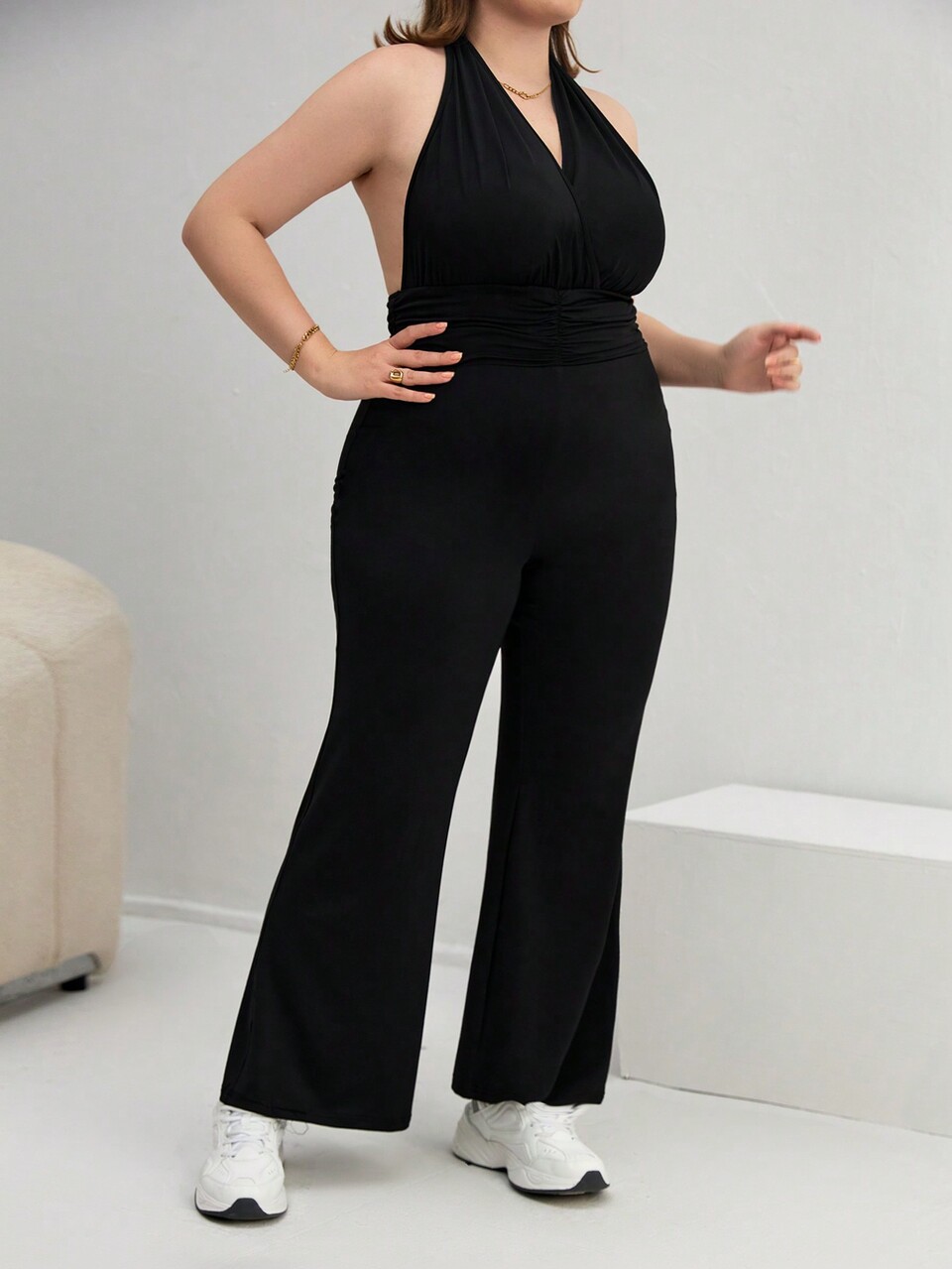 Plus Solid Backless Halter Neck Flare Leg Jumpsuit