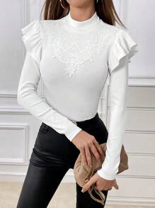 SHEIN Privé 拼接水溶蕾絲荷葉邊小高領T恤 - 白色 - 查看 1