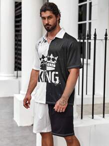 Manfinity LEGND Men Plus Letter Graphic Two Tone Polo Shirt & Shorts - Black and White - View 3
