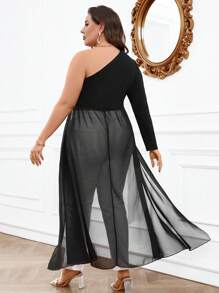 Celure Plus One Shoulder Lettuce Trim Asymmetrical Hem Top - Black - View 2