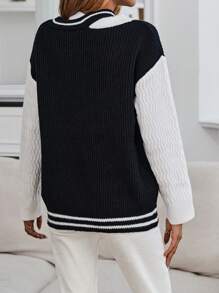 SHEIN LUNE Suéter de punto con bloque de color y hombros caídos con estampado de eslogan para otoño e invierno - Blanco y Negro - Ver 2