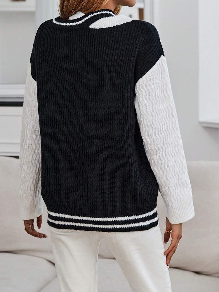 Slogan Pattern Colorblock Drop Shoulder Knit Pullover Fall Winter Sweater