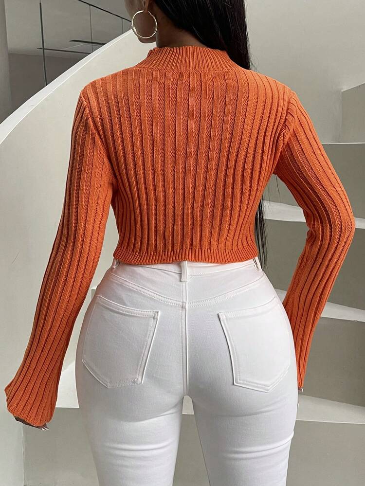 Mock Neck Split Hem Crop Knit Pullover Fall Winter Sweater
