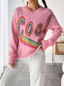 Flirla Suéter de punto con caída de hombros y estampado de letras para otoño e invierno - Rosa - Ver 3