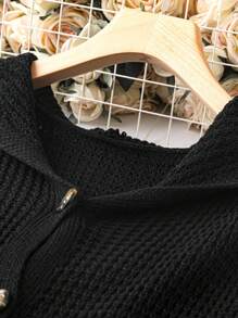 SHEIN LUNE 大碼前紐扣連帽開襟衫 - 黑色 - 查看 5