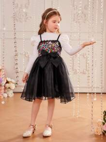 SHEIN Young Girl Mock Neck Gigot Sleeve Tee & Sequin Detail Cami Dress