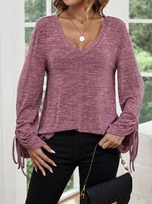 SHEIN LUNE 抽繩抽褶袖V領T恤 - 酒紅色 - 查看 5