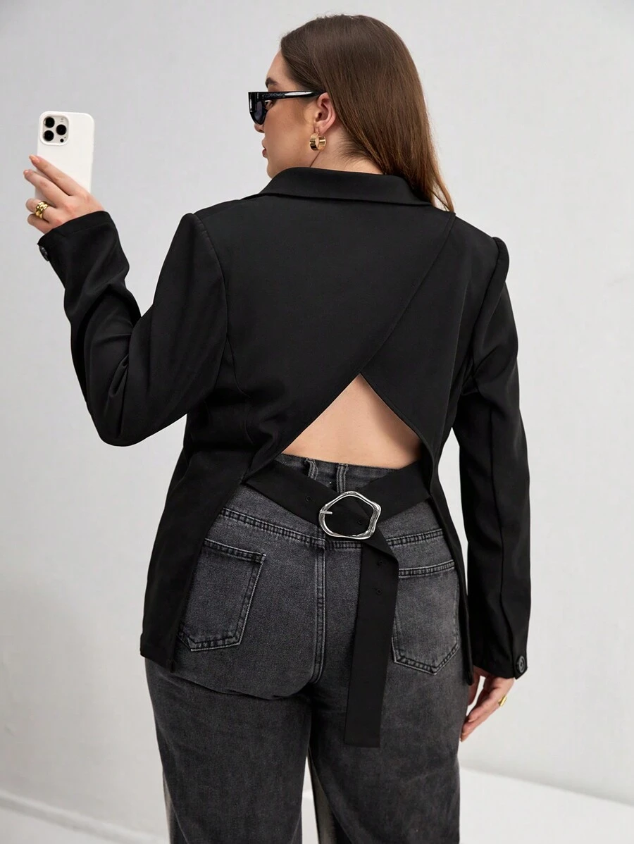 SHEIN Essnce Áo blazer hở lưng Plus Wrap - màu đen - Xem 1