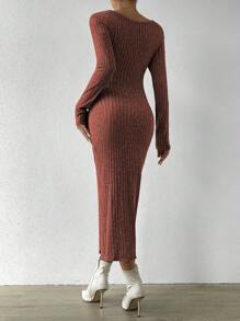 SHEIN Privé Mặt trước xoắn Cắt ra Tách đùi Áo phông Crop - Gỗ đỏ - Xem 2