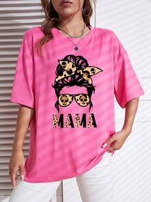 SHEIN EZwear Figure & Letter Graphic Drop Shoulder Tee - Hot Pink - View 6