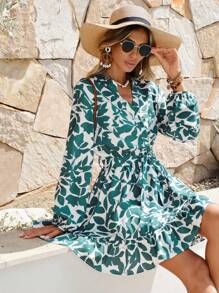 SHEIN VCAY Allover Print Lantern Sleeve Ruffle Hem Belted Dress - Multicolor - View 5