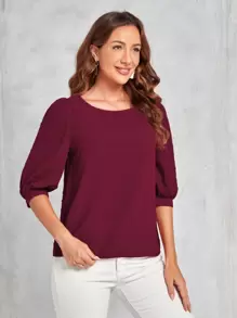 EMERY ROSE Swiss Dot Puff Sleeve Blouse - Burgundy - View 1