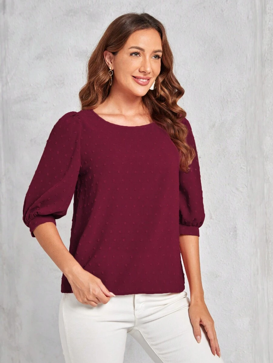 EMERY ROSE Swiss Dot Puff Sleeve Blouse - Burgundy - View 1
