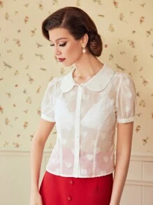 SHEIN DECDS 心提花泡泡袖襯衫 - 白色 - 查看 7