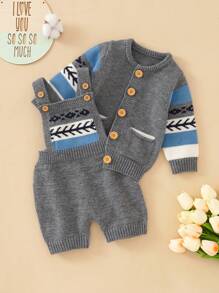 SHEIN Baby Boy Geo Pattern Cardigan & Knit Romper - Grey - View 3