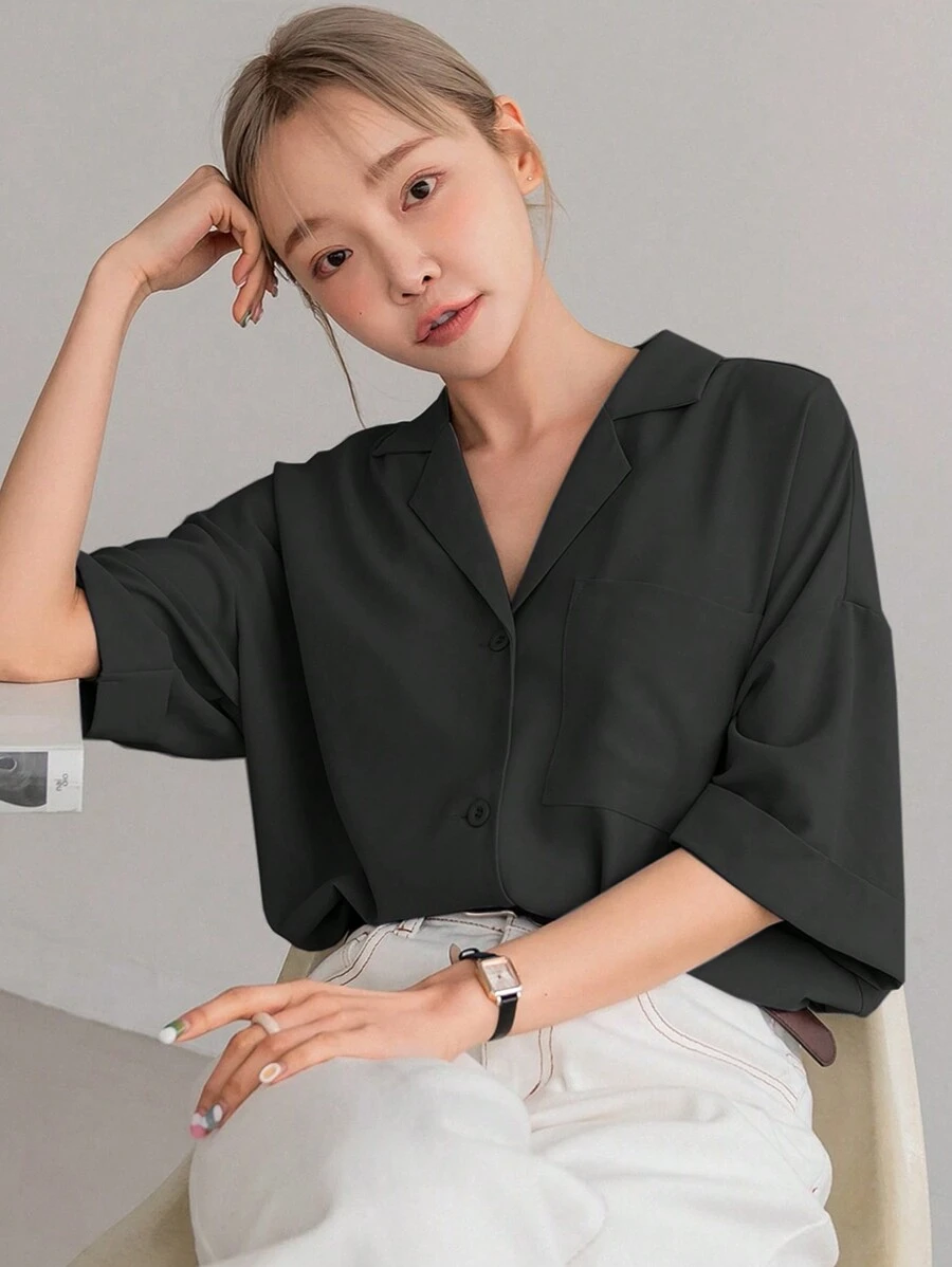 DAZY 前紐扣落肩袖襯衫 - 黑色 - 查看 1