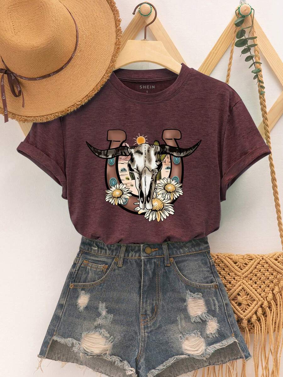 SHEIN LUNE Hoa & Gia súc In Áo thun - Màu Tím - Xem 1