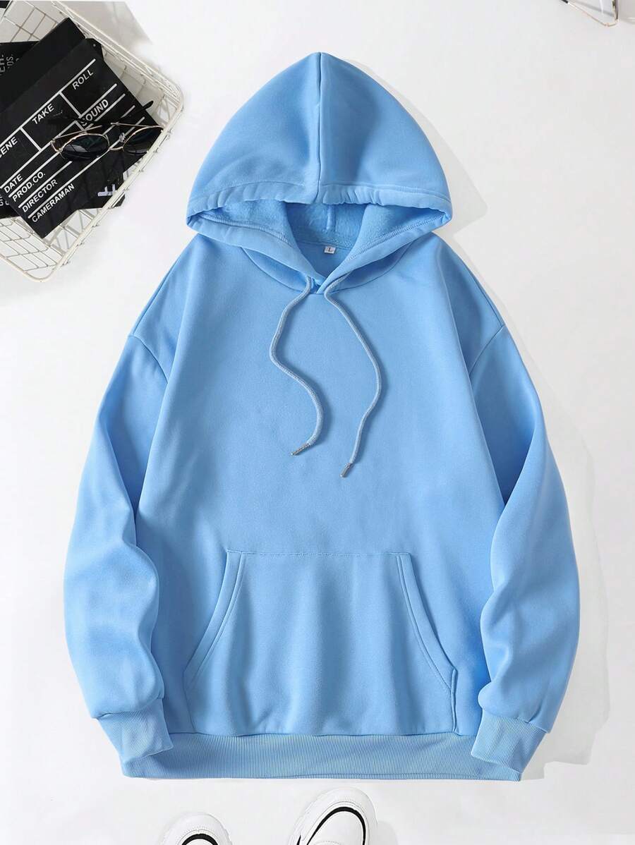 Men Kangaroo Pocket Drawstring Thermal Hoodie - Baby Blue - View 1