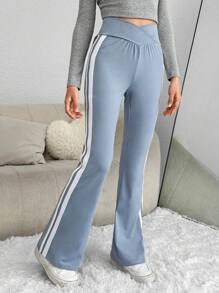 SHEIN Teen Girls Contrast Side Seam Flare Leg Pants - Dusty Blue - View 1