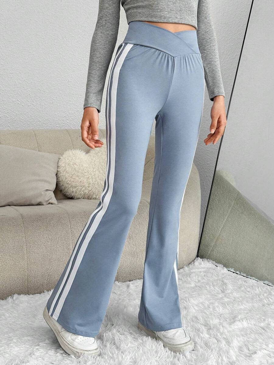 SHEIN Teen Girls Contrast Side Seam Flare Leg Pants - Dusty Blue - View 1