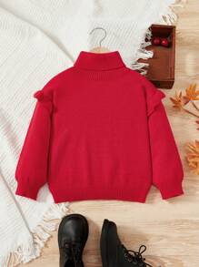 SHEIN Girls Turtleneck Ruffle Trim Sweater - Red - View 1