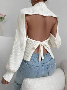 Allurite Chất rắn Ca-vát Backless Tay áo Đèn lồng Áo len - Màu be - Xem 1