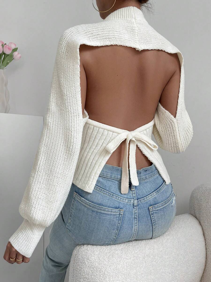 Allurite Chất rắn Ca-vát Backless Tay áo Đèn lồng Áo len - Màu be - Xem 1