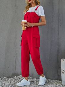SHEIN LUNE Solid Flap Pocket Belted Overall Jumpsuit Without Tee - Red - View 4