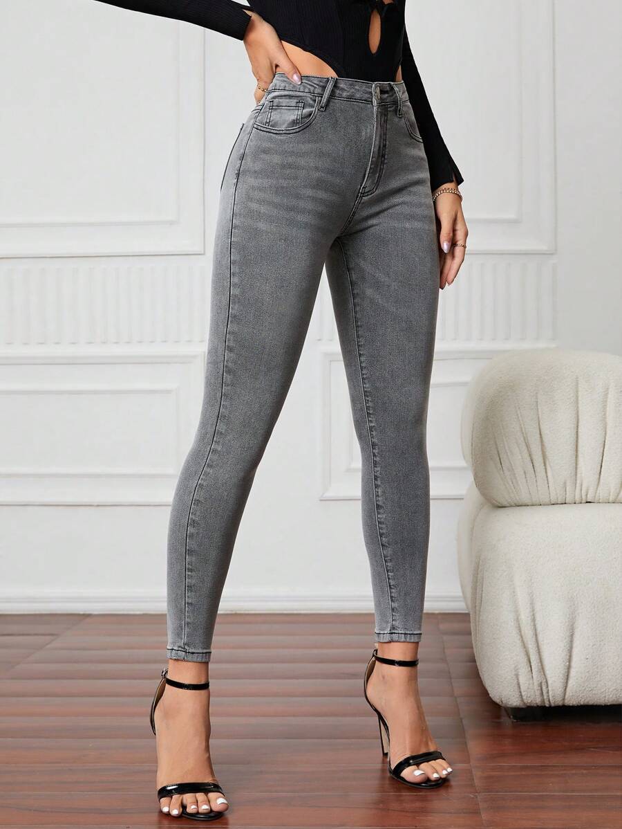 SHEIN Essnce Zipper Fly Skinny Jeans - Light Grey - View 1