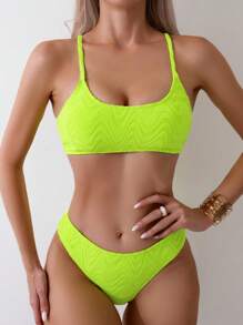 夏季沙灘純色細肩帶紋理無鋼圈霓虹比基尼套裝 - 綠色 - 查看 4