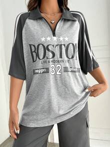 SHEIN EZwear T-Shirt mit Buchstaben Grafik, Kontrastsaum, Raglanärmeln, Viertel Reißverschluss - Grau - Übersicht 3