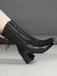 Women's Casual And Fashionable Mid-Calf Black Boots For Outdoor Wear In Autumn Or Winter, Made Of Faux Leather,Match With Black Dress