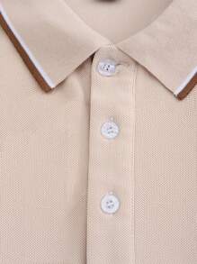 Manfinity Mode Men Contrast Trim Half Button Collar Color Block Golf Business Casual Polo Shirt For Husband, Cream Polo Shirt, Beige Polo Shirt, Men's Golf Shirt - Beige - View 6