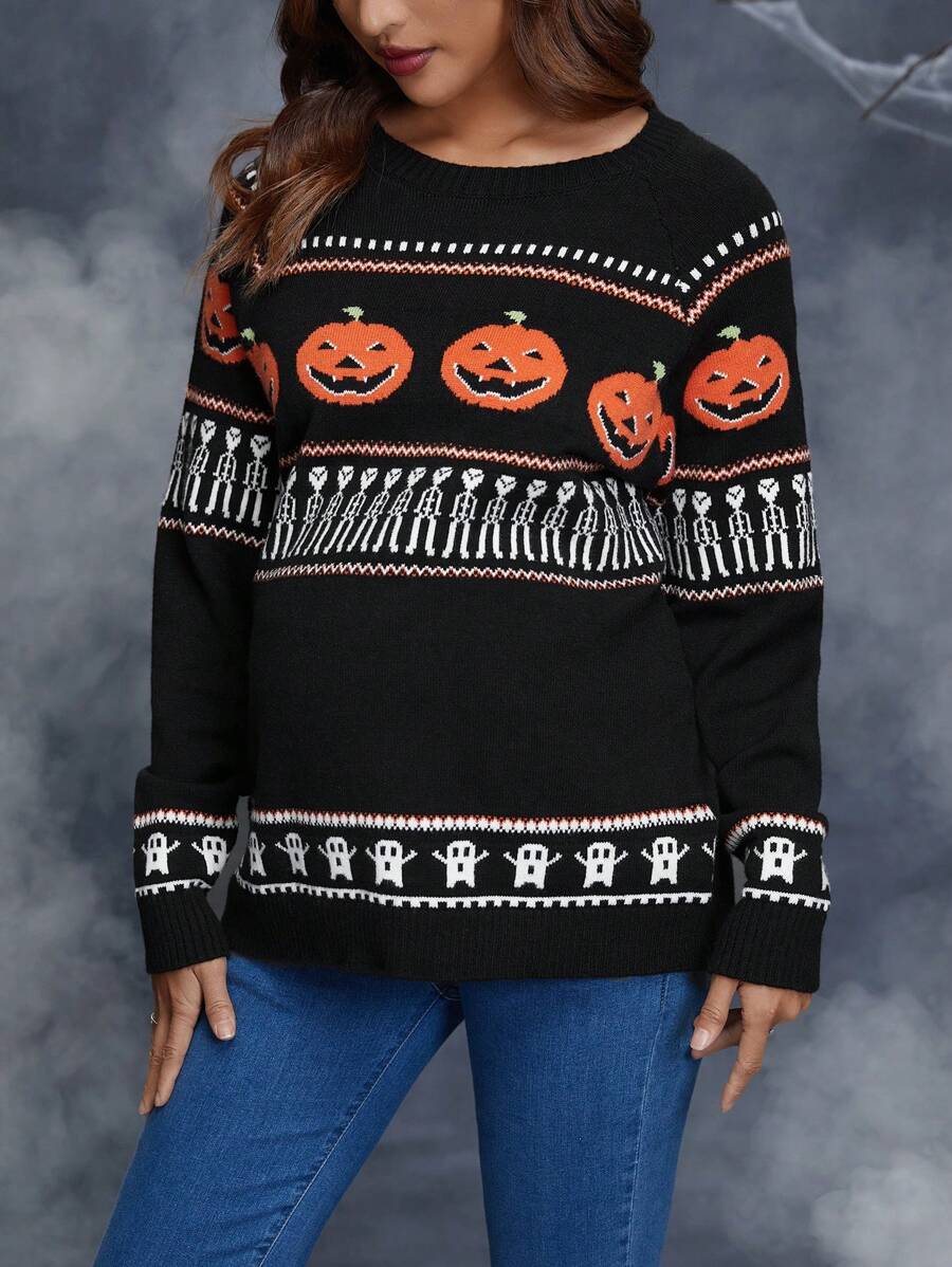SHEIN Áo len tay raglan họa tiết bí ngô Halloween cho bà bầu, dành cho mùa đông - Nhiều màu - Xem 1