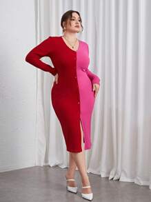 SHEIN Privé Talla grande Vestido ajustado de dos tonos con botón delantero - Multicolor - Ver 4