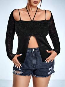 SHEIN ICON Plus Split Hem Halter Neck Asymmetrical Hem Crop Sweater