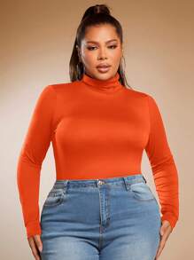 SHEIN SXY Plus Mock Neck Solid Tee - Orange - View 1