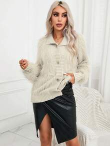 SHEIN Privé Vạt váy nút Đan mềm mại Áo len Mở - Lạc đà - Xem 5