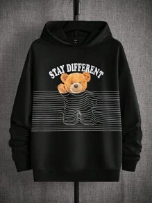 Manfinity RebelGame 男士熊和標語圖案落肩袖連帽衫 - 黑色 - 查看 1