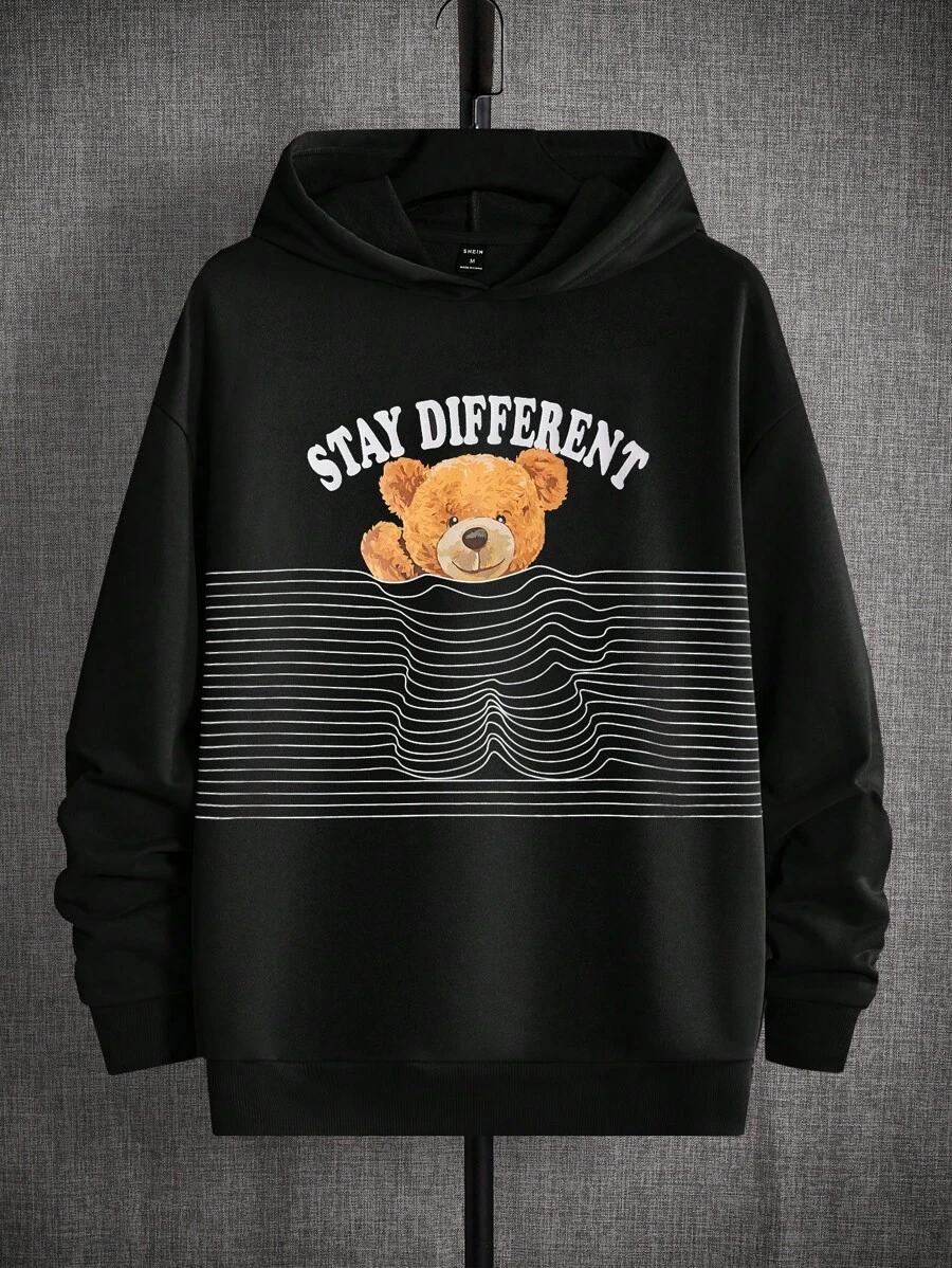 Manfinity RebelGame 男士熊和標語圖案落肩袖連帽衫 - 黑色 - 查看 1