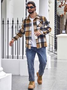 Manfinity Homme Men Plus Plaid Print Pocket Patched Shacket, Men Plaid Shirt, Brown Flannel, Flannel Shirt, For Fall Winter