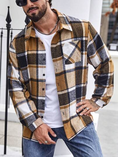 Manfinity Homme Herr Plus Rutig Mönster Pocket Patched Shacket, Herrrutig Skjorta, Brun Flanell, Flanellskjorta, För Höst Vinter