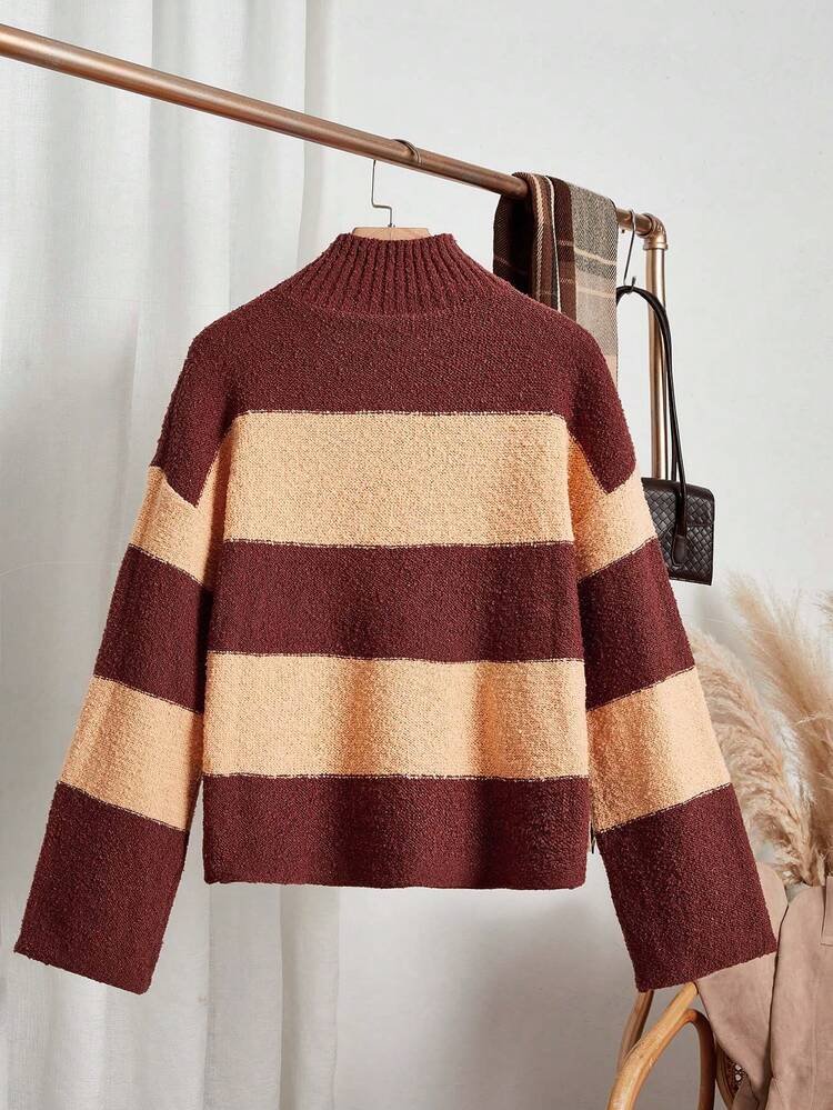 Color Block Mock Neck Drop Shoulder Knit Pullover Fall Winter Sweater