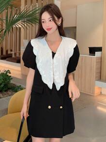 DAZY Contrast Statement Collar Puff Sleeve Blazer,Ruffle Business Attire - Black - View 1