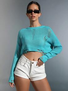 SHEIN Unity 素色落肩袖破洞短款毛衣 - 淺藍色 - 查看 6